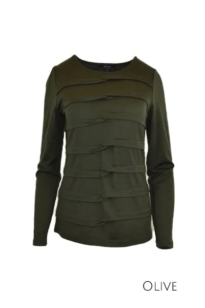 MERINO TUCK PLEAT TOP WOMENS LONG SLEEVES ROUND NECK OLIVE