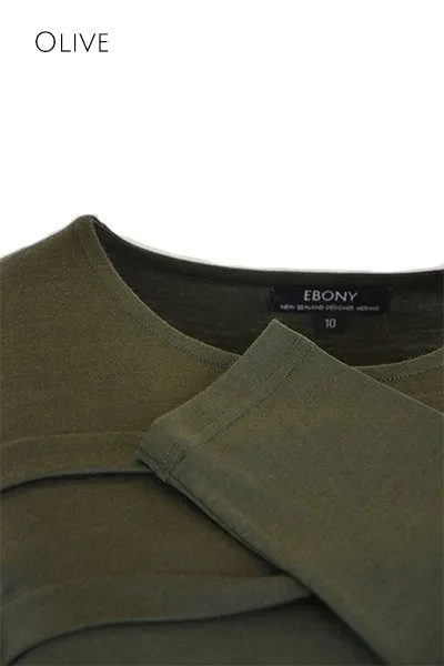 MERINO TUCK PLEAT TOP WOMENS LONG SLEEVES ROUND NECK OLIVE