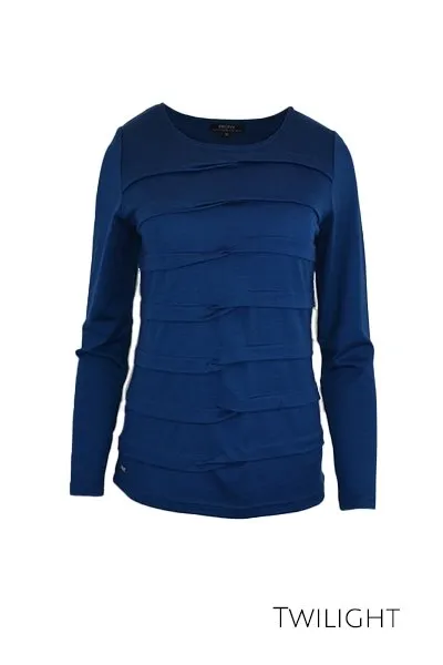 MERINO TUCK PLEAT TOP WOMENS LONG SLEEVES ROUND NECK TWILIGHT