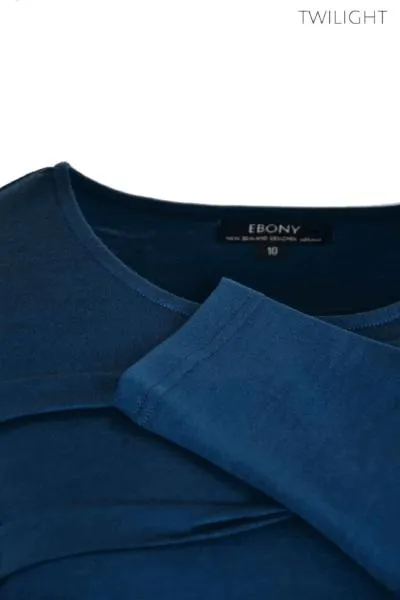 MERINO TUCK PLEAT TOP WOMENS LONG SLEEVES ROUND NECK TWILIGHT