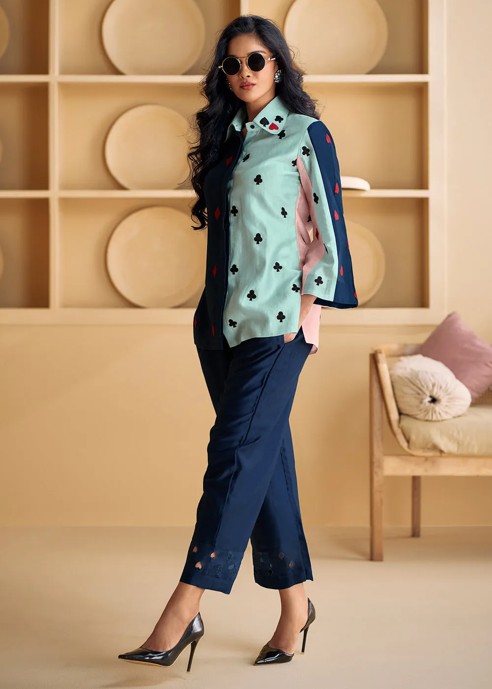 Navy & Ice Blue Silk Party Wear Indo-Western Co-Ords Set