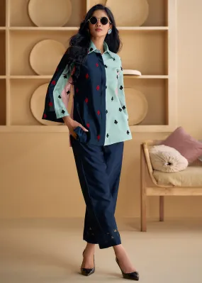 Navy & Ice Blue Silk Party Wear Indo-Western Co-Ords Set