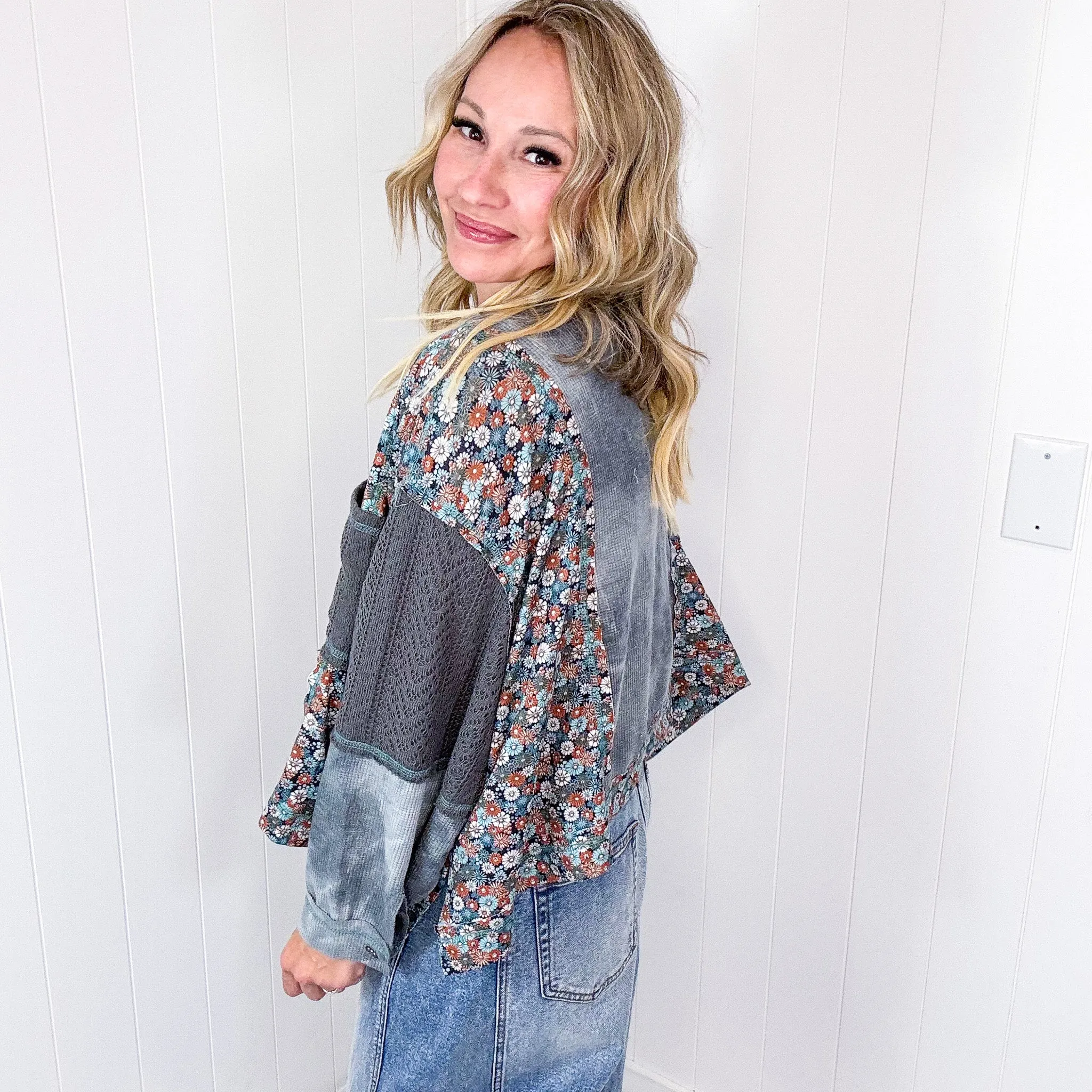 POL Thermal Floral Garden Thermal Contrasting Long Sleeve Pullover Top in 2 Options