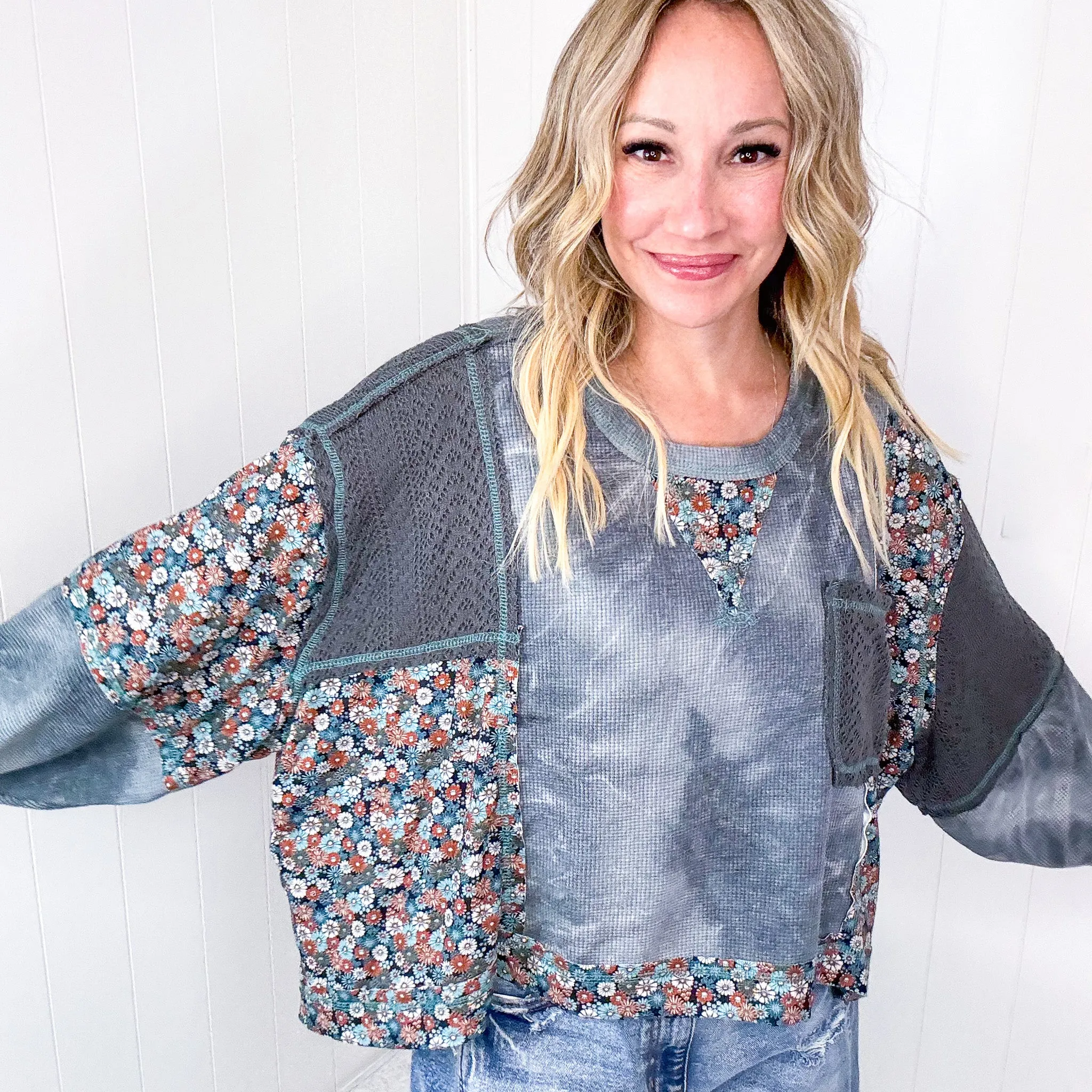 POL Thermal Floral Garden Thermal Contrasting Long Sleeve Pullover Top in 2 Options