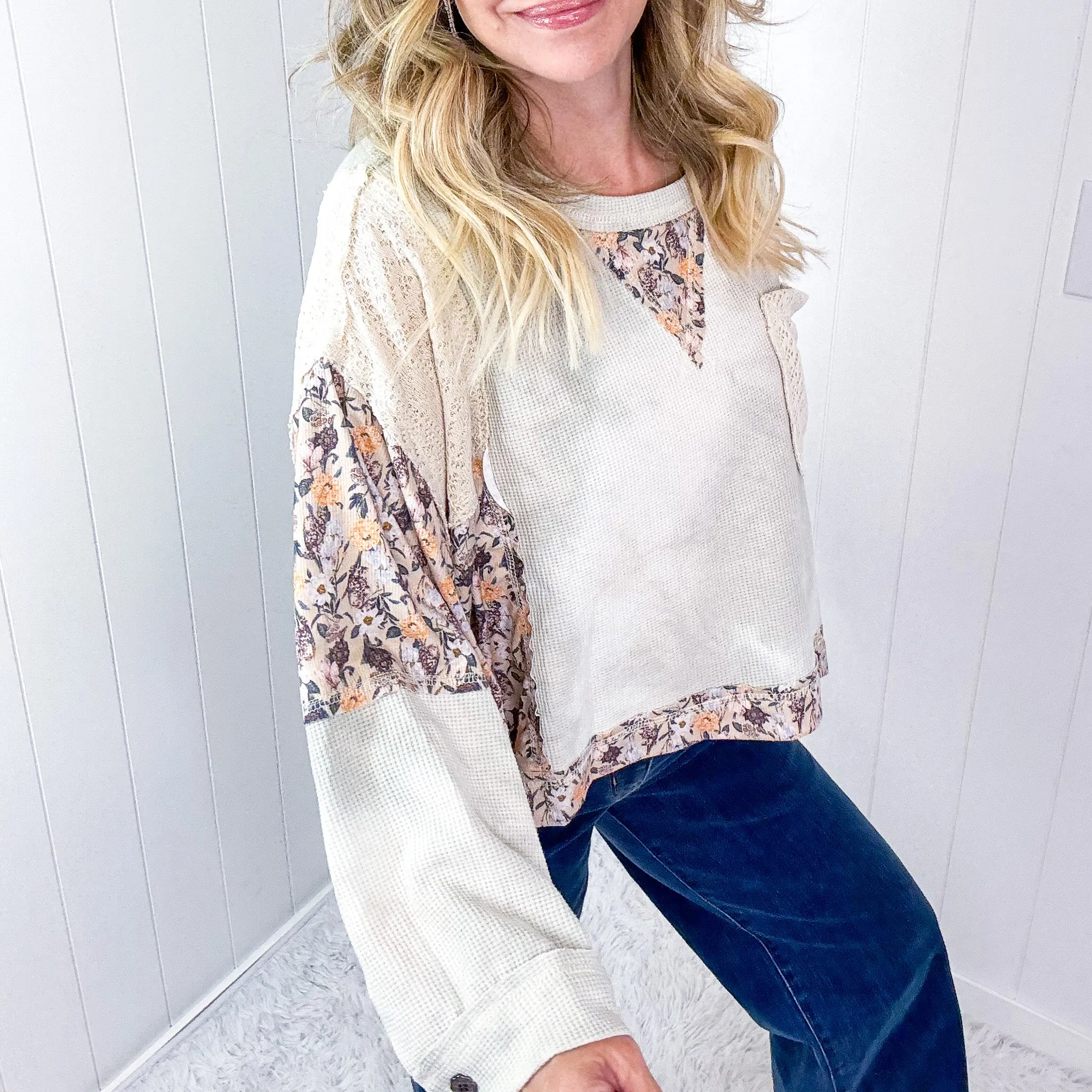 POL Thermal Floral Garden Thermal Contrasting Long Sleeve Pullover Top in 2 Options