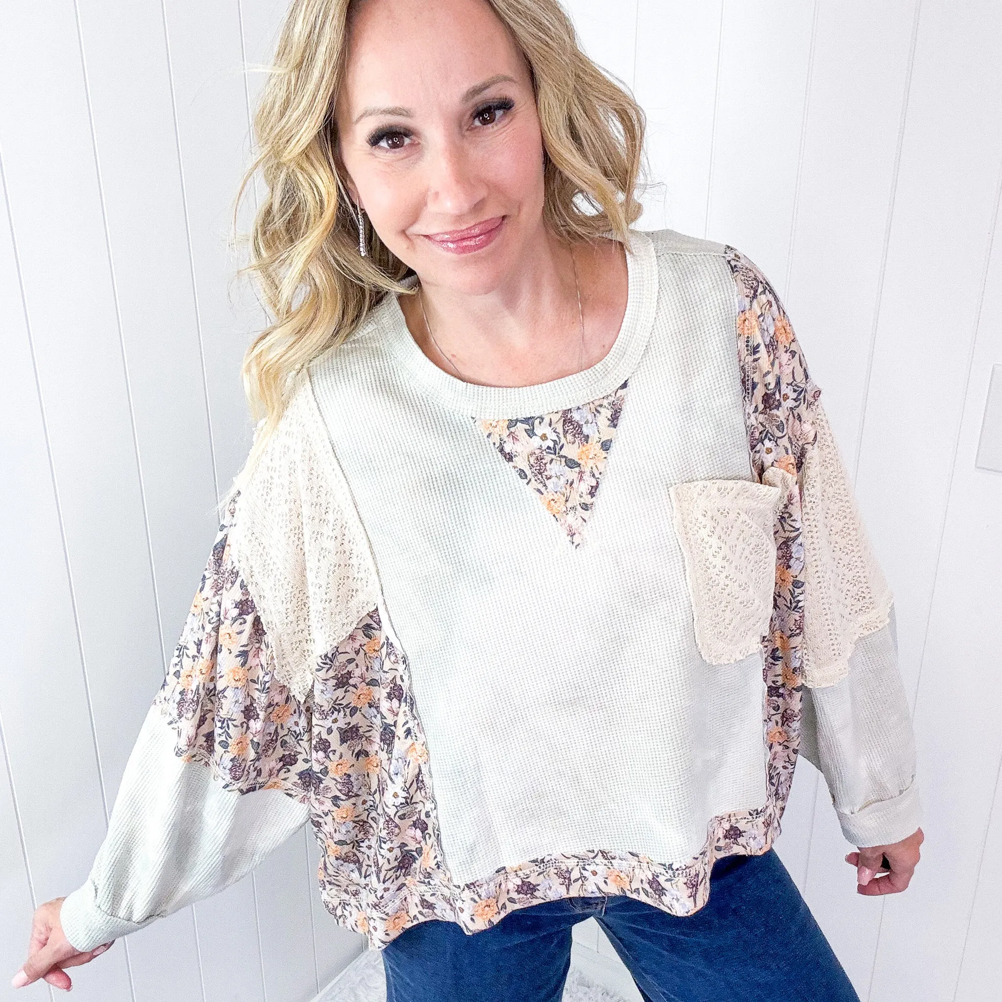 POL Thermal Floral Garden Thermal Contrasting Long Sleeve Pullover Top in 2 Options
