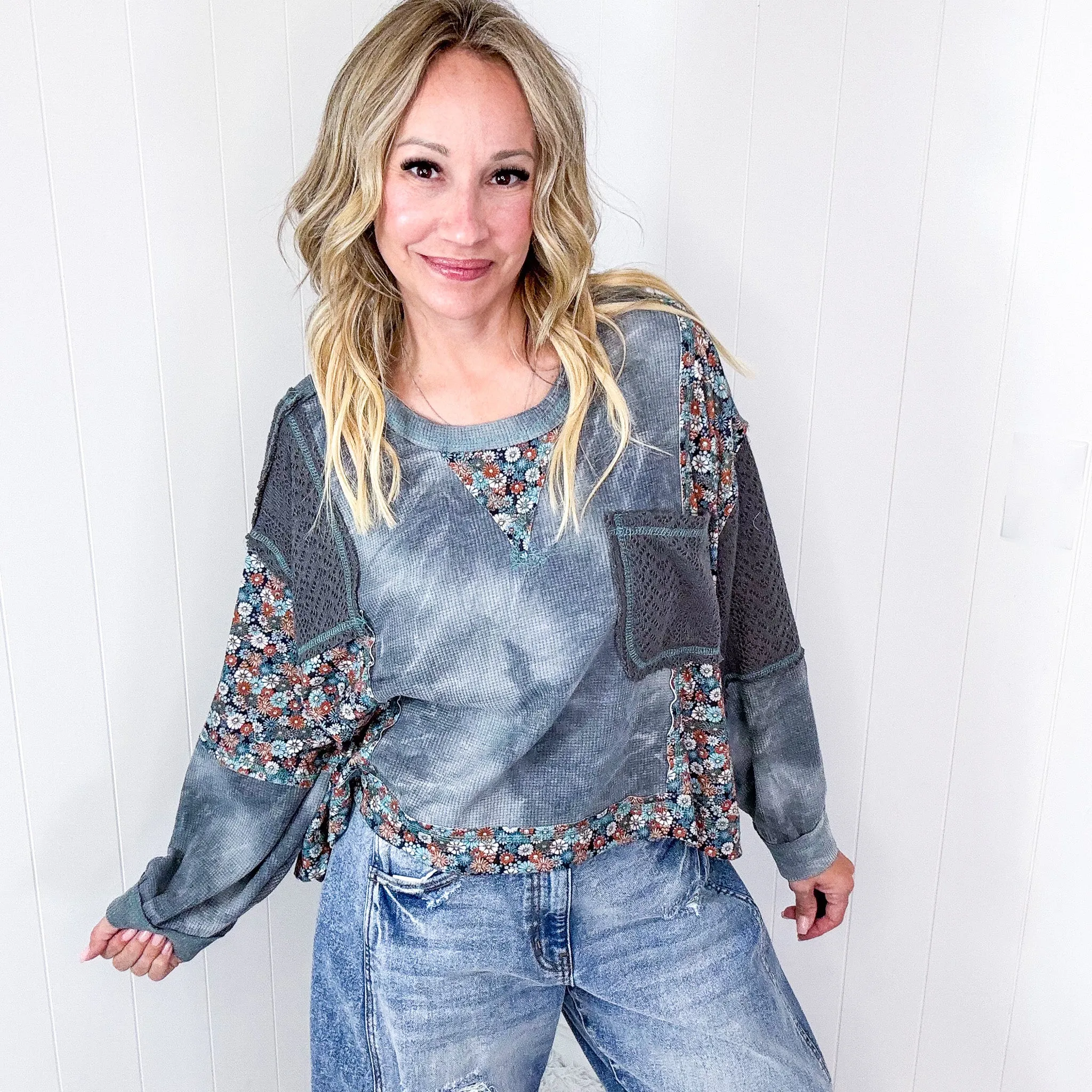 POL Thermal Floral Garden Thermal Contrasting Long Sleeve Pullover Top in 2 Options