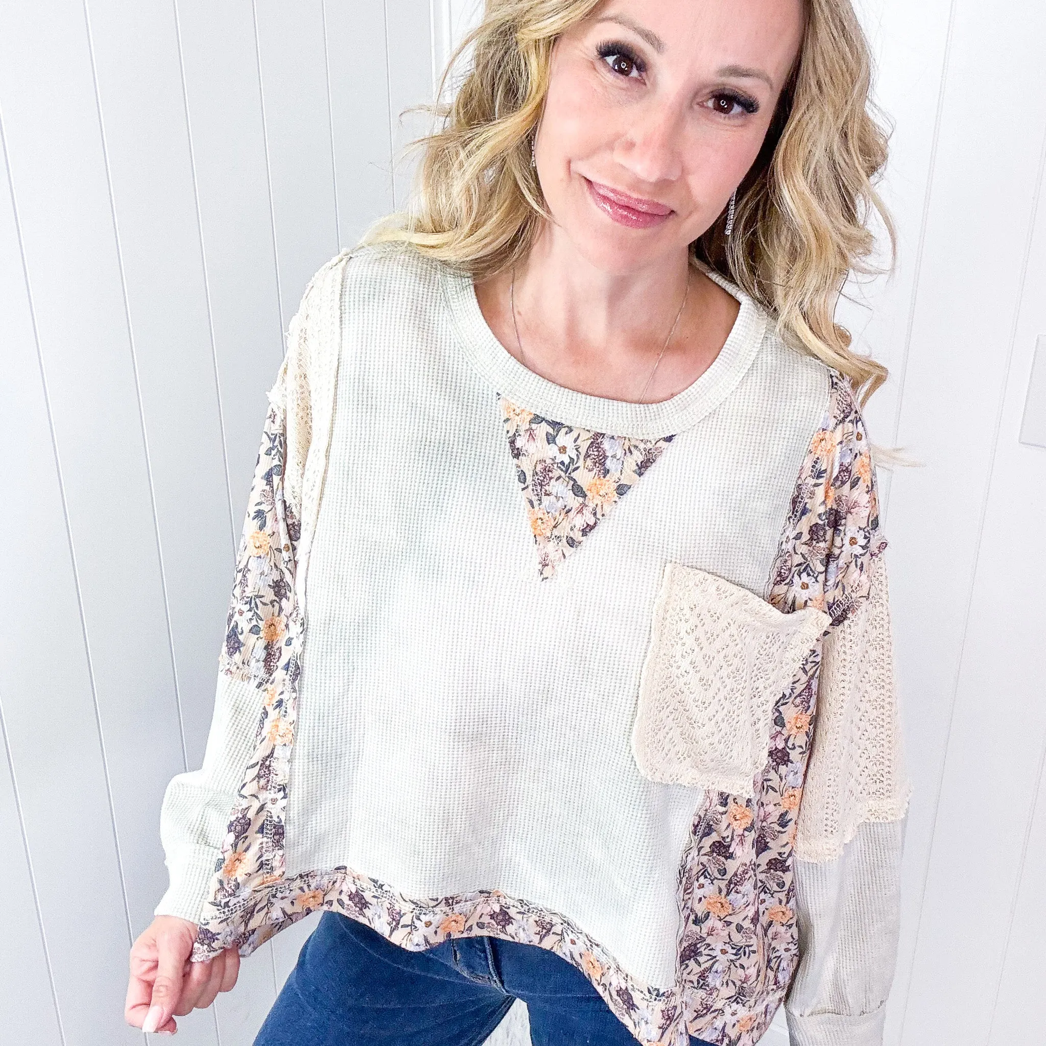 POL Thermal Floral Garden Thermal Contrasting Long Sleeve Pullover Top in 2 Options