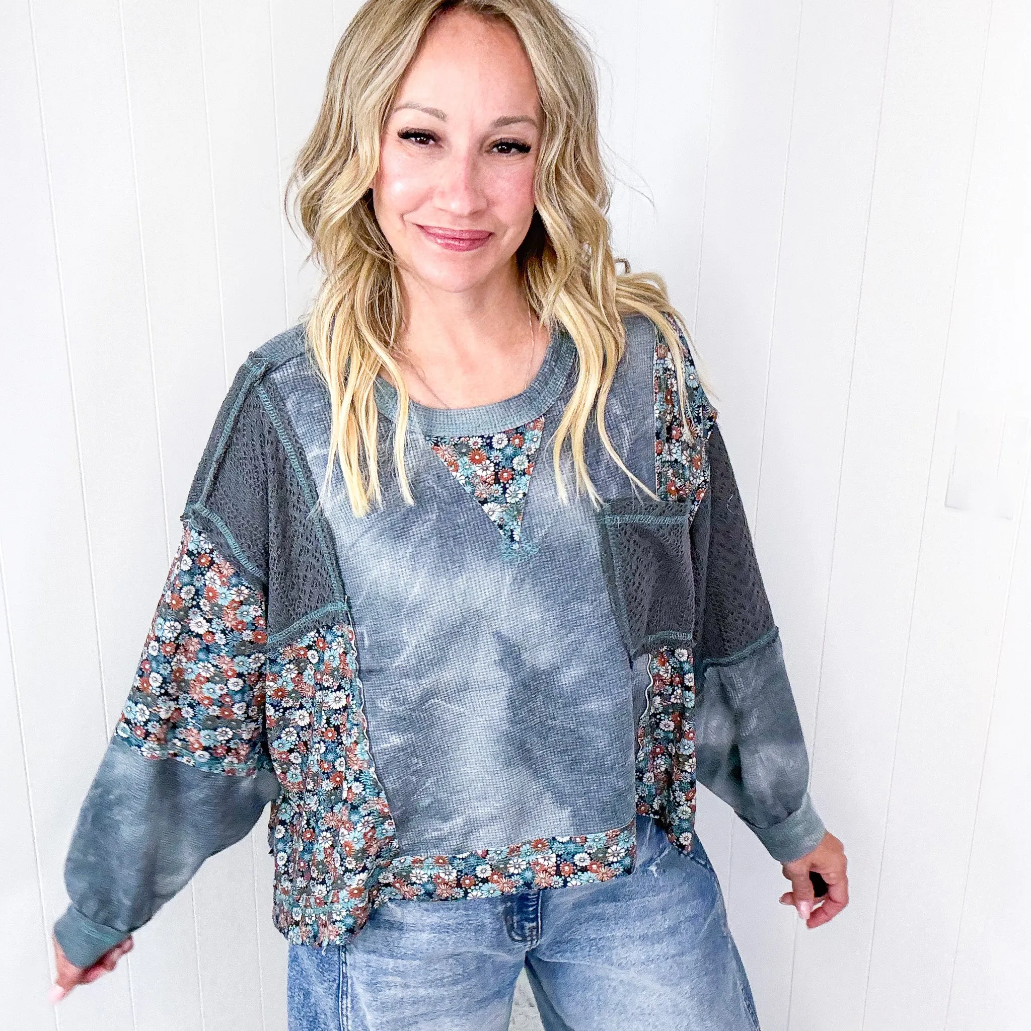 POL Thermal Floral Garden Thermal Contrasting Long Sleeve Pullover Top in 2 Options