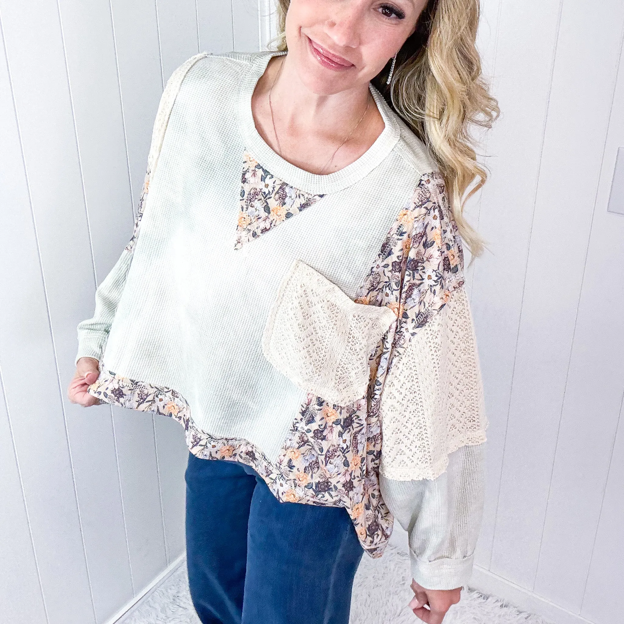 POL Thermal Floral Garden Thermal Contrasting Long Sleeve Pullover Top in 2 Options