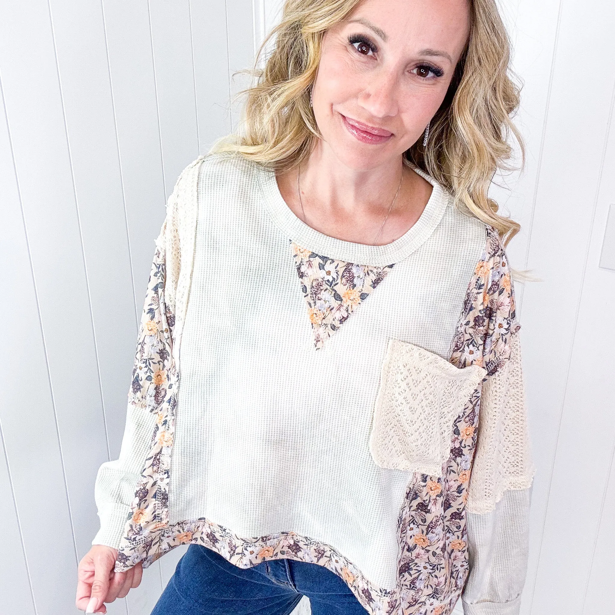 POL Thermal Floral Garden Thermal Contrasting Long Sleeve Pullover Top in 2 Options