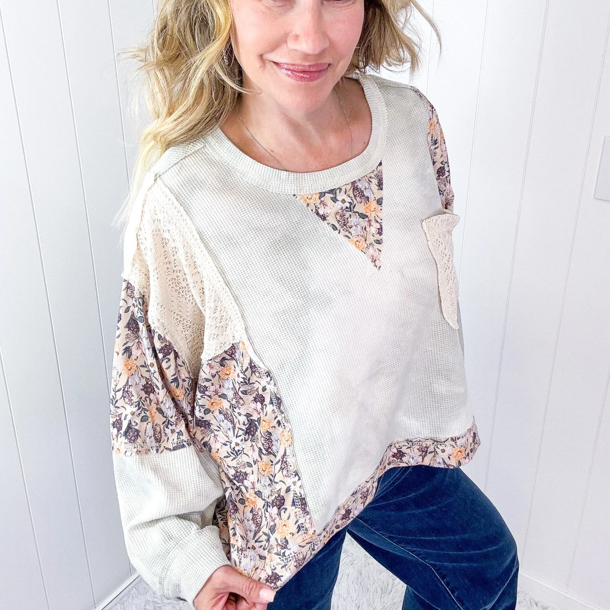 POL Thermal Floral Garden Thermal Contrasting Long Sleeve Pullover Top in 2 Options