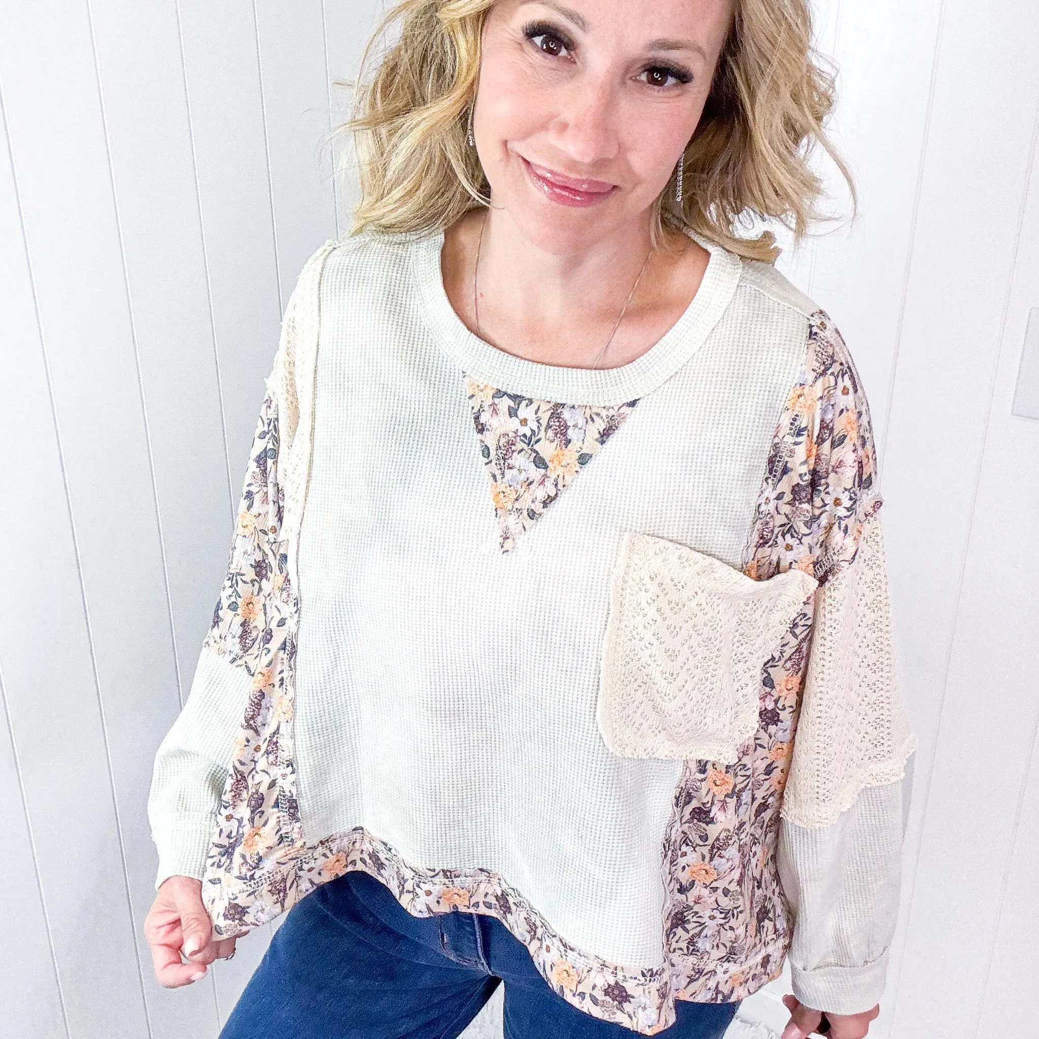 POL Thermal Floral Garden Thermal Contrasting Long Sleeve Pullover Top in 2 Options