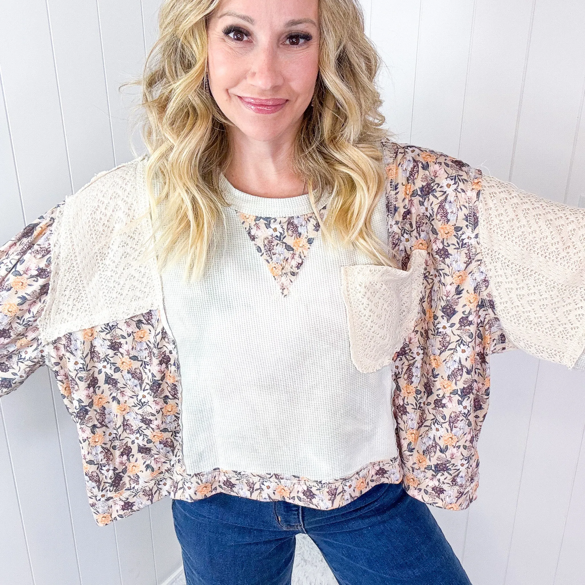 POL Thermal Floral Garden Thermal Contrasting Long Sleeve Pullover Top in 2 Options
