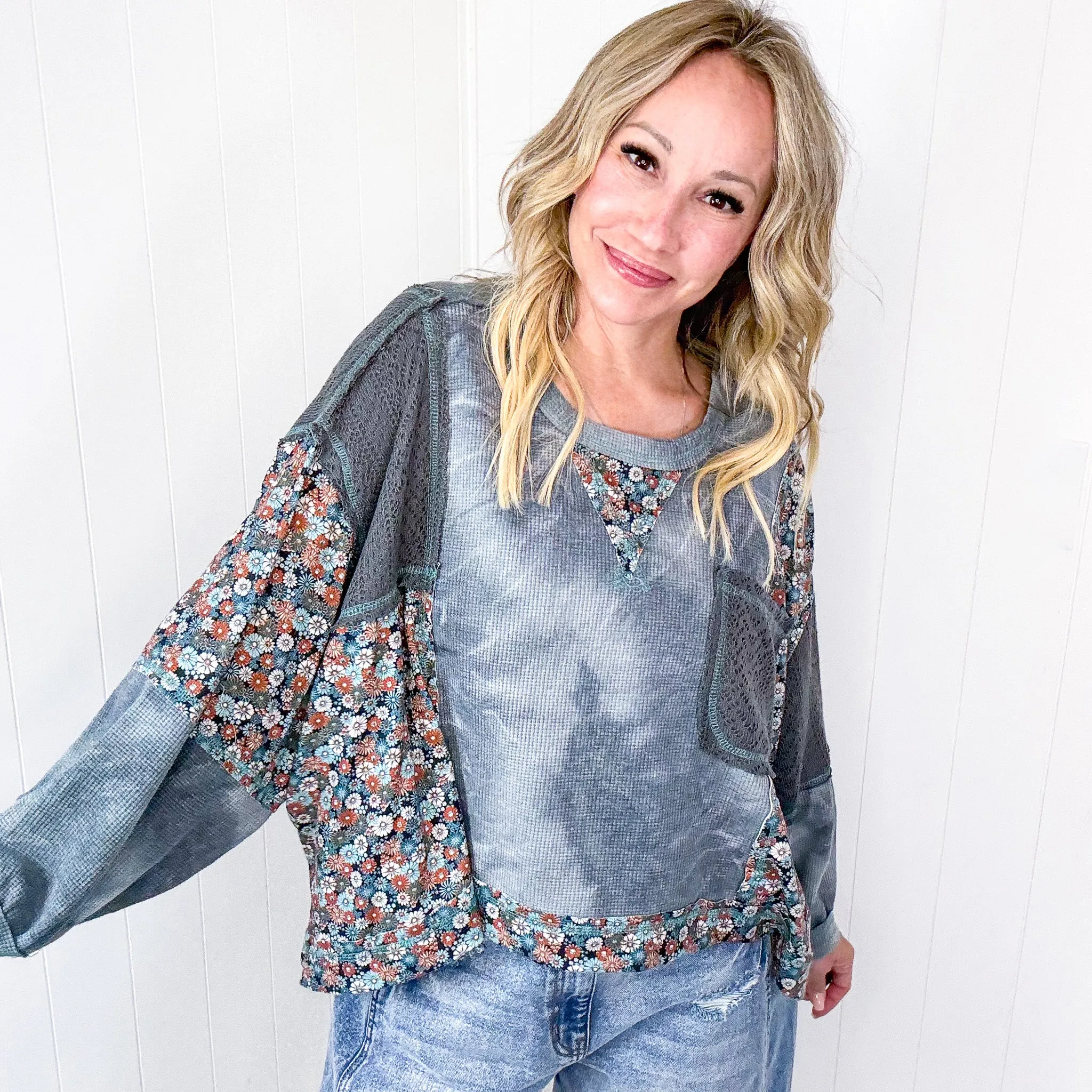 POL Thermal Floral Garden Thermal Contrasting Long Sleeve Pullover Top in 2 Options