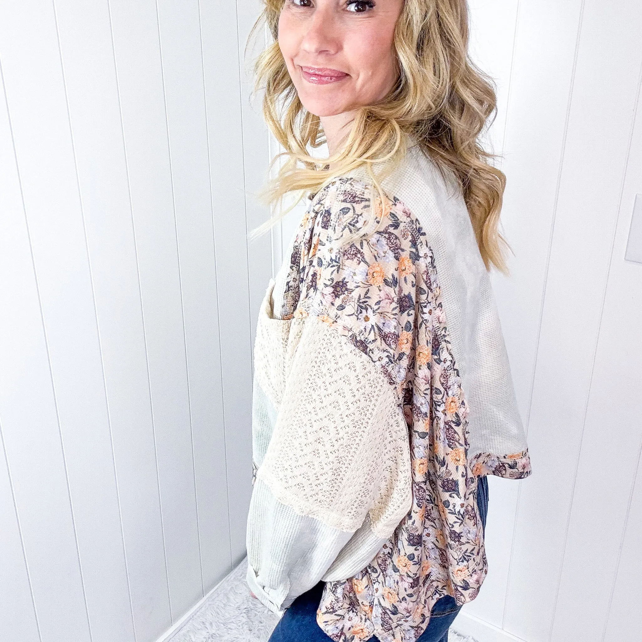 POL Thermal Floral Garden Thermal Contrasting Long Sleeve Pullover Top in 2 Options