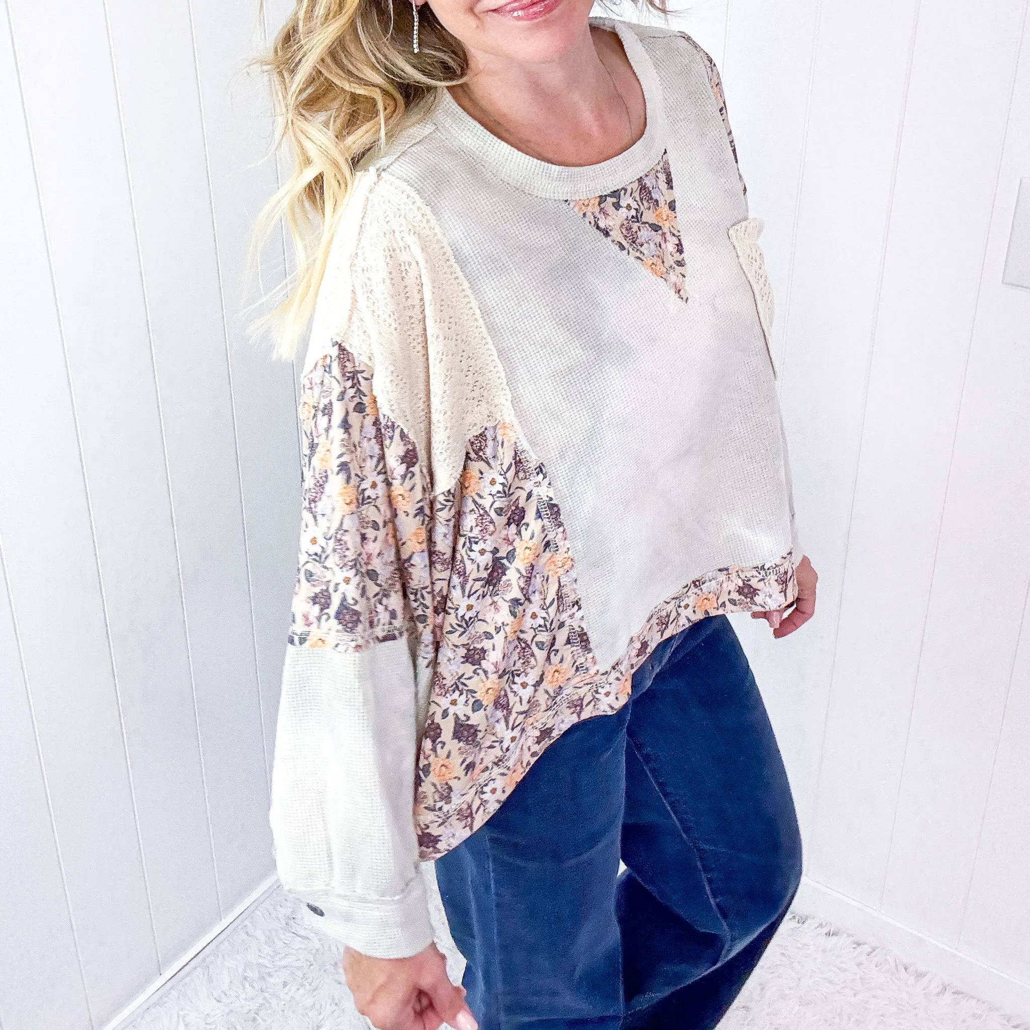 POL Thermal Floral Garden Thermal Contrasting Long Sleeve Pullover Top in 2 Options
