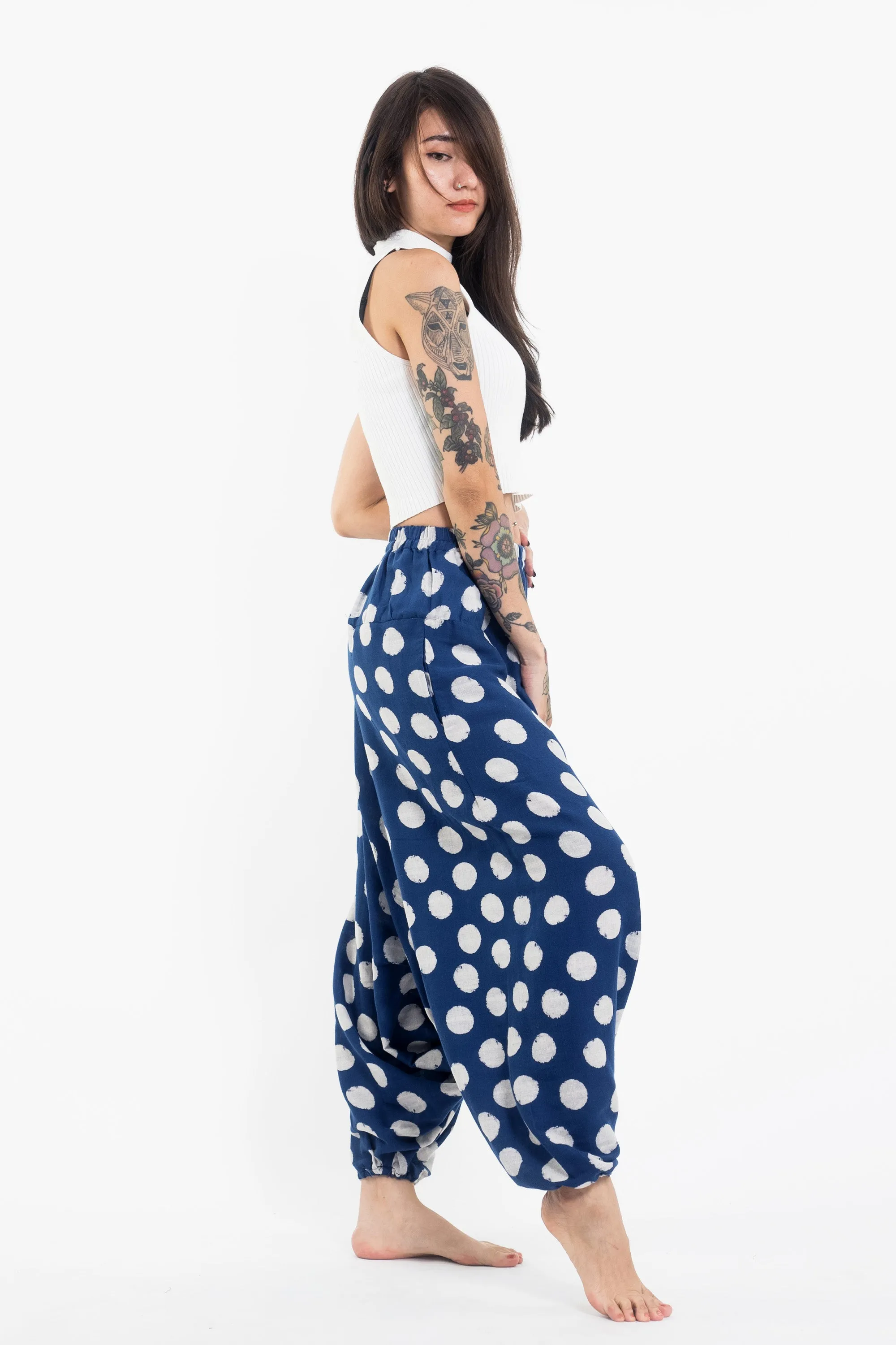 Polkadot Prints Women's Low Cut Cotton Harem Pants in Indigo