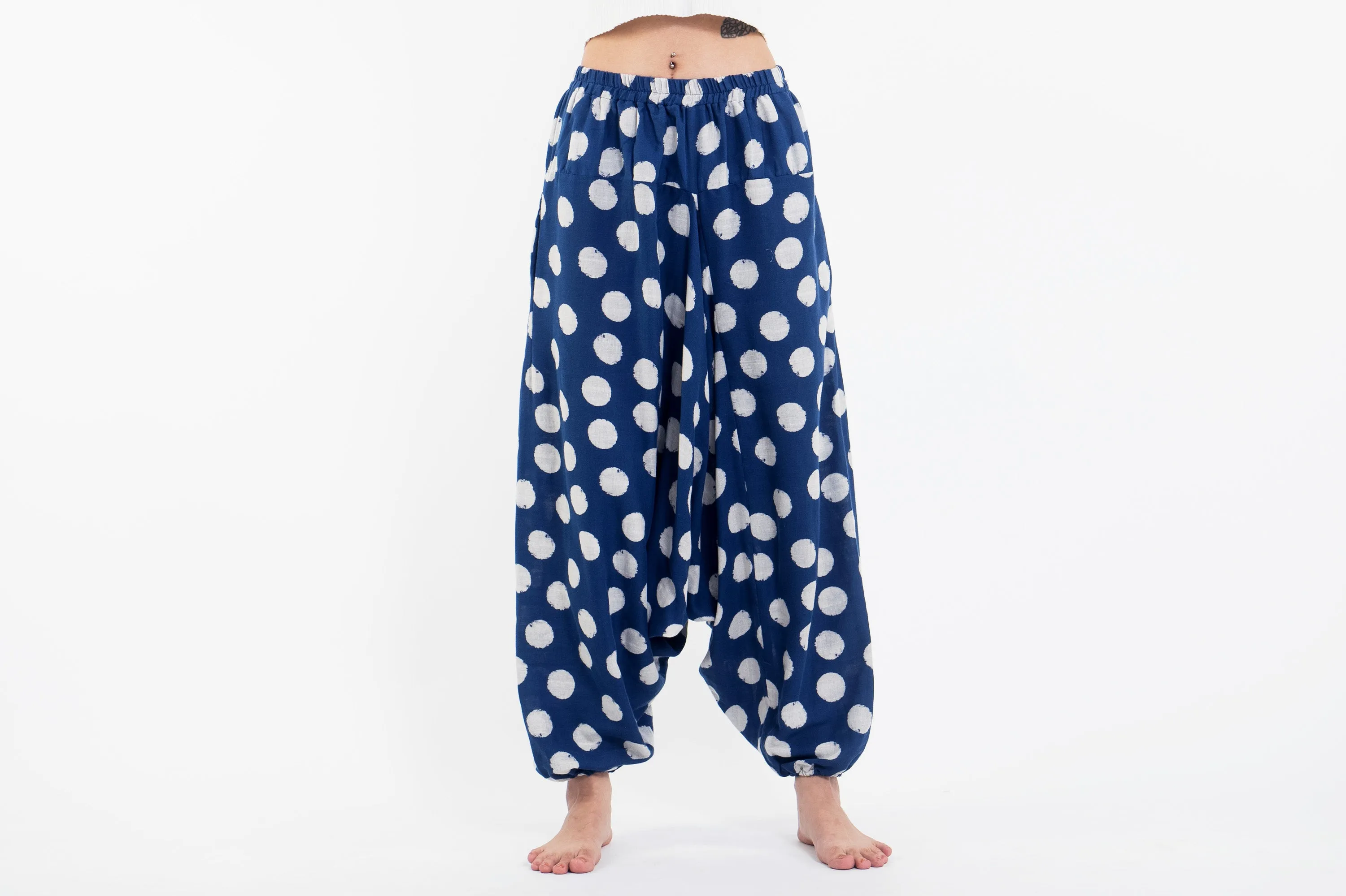 Polkadot Prints Women's Low Cut Cotton Harem Pants in Indigo