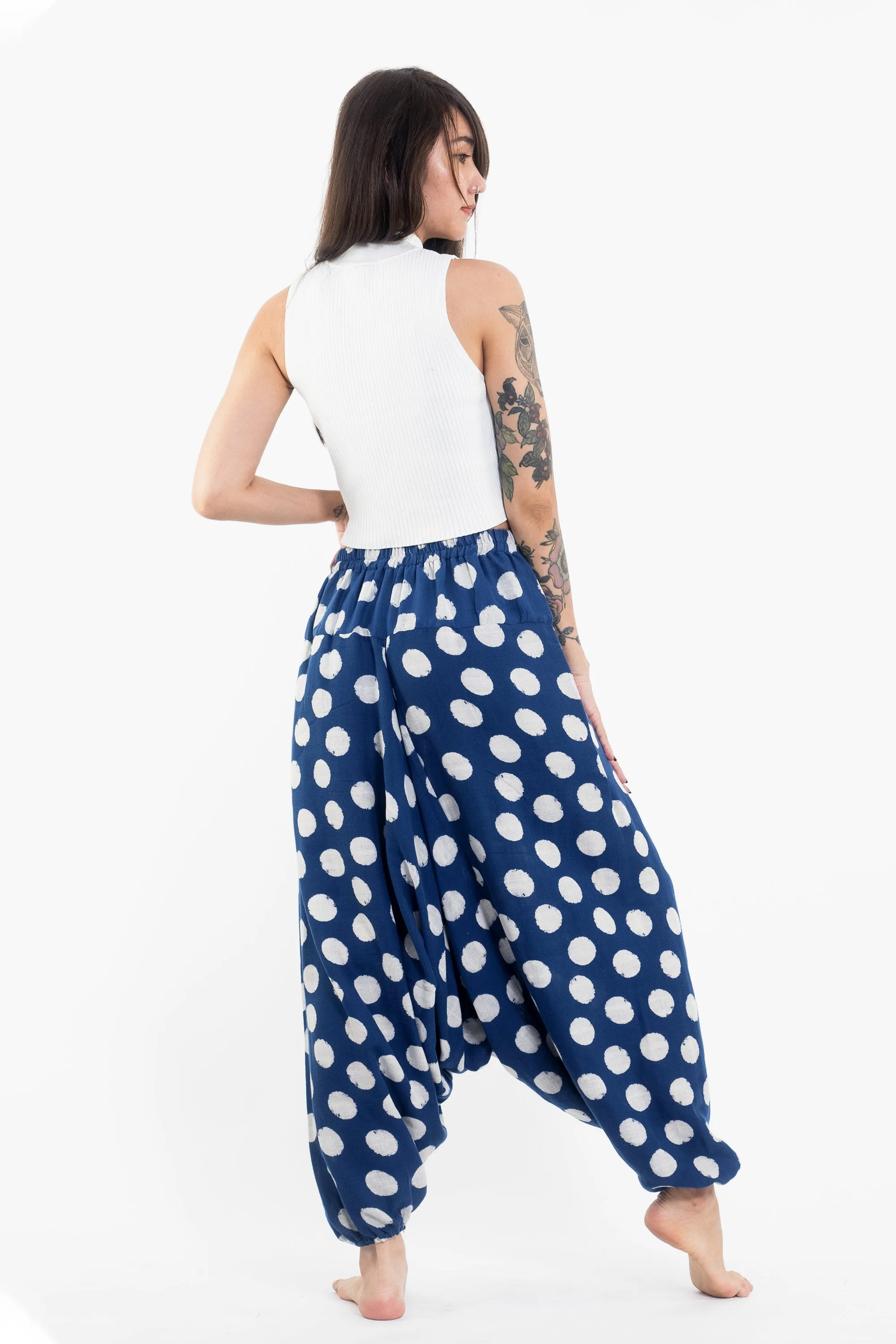 Polkadot Prints Women's Low Cut Cotton Harem Pants in Indigo