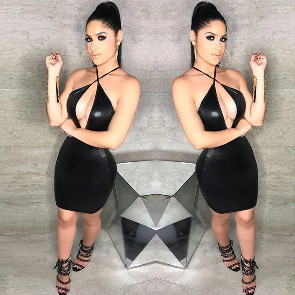 Sexy Faux Leather Backless Hollow Out Knee-Length Dress