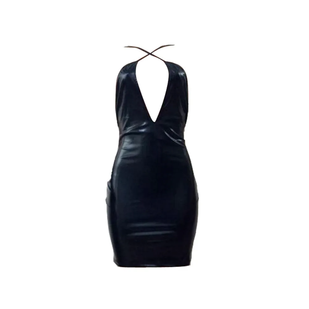 Sexy Faux Leather Backless Hollow Out Knee-Length Dress
