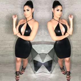 Sexy Faux Leather Backless Hollow Out Knee-Length Dress