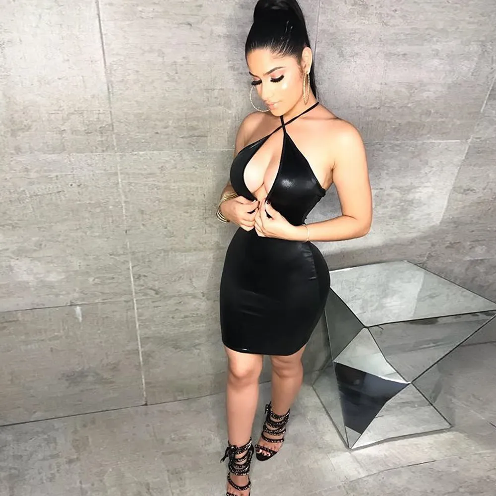Sexy Faux Leather Backless Hollow Out Knee-Length Dress