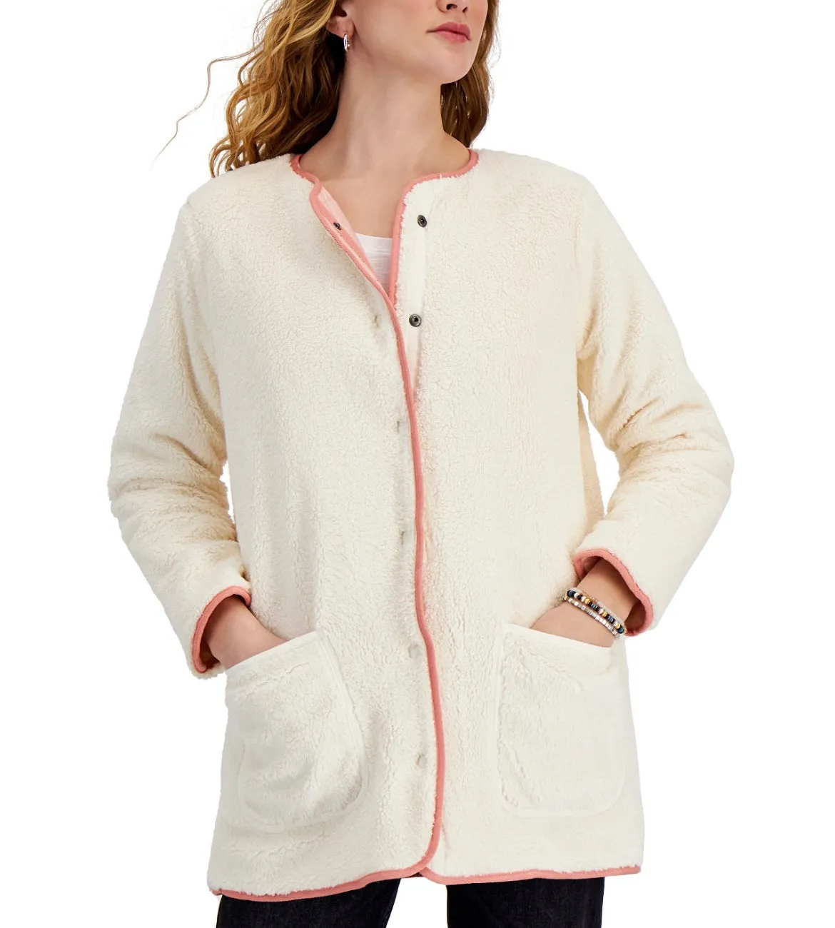 Style & Co. Women's Crewneck Reversible Quilted Jacket Silver Pink Size M