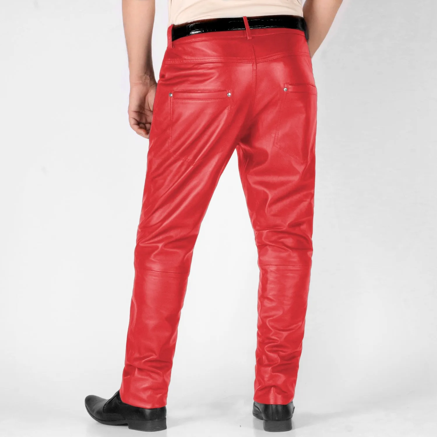 Thalor Men's Red Slim Fit Leather Pants