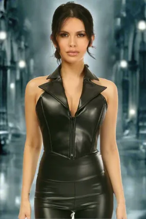 Top Drawer Black Faux Leather Steel Boned Collared Bustier