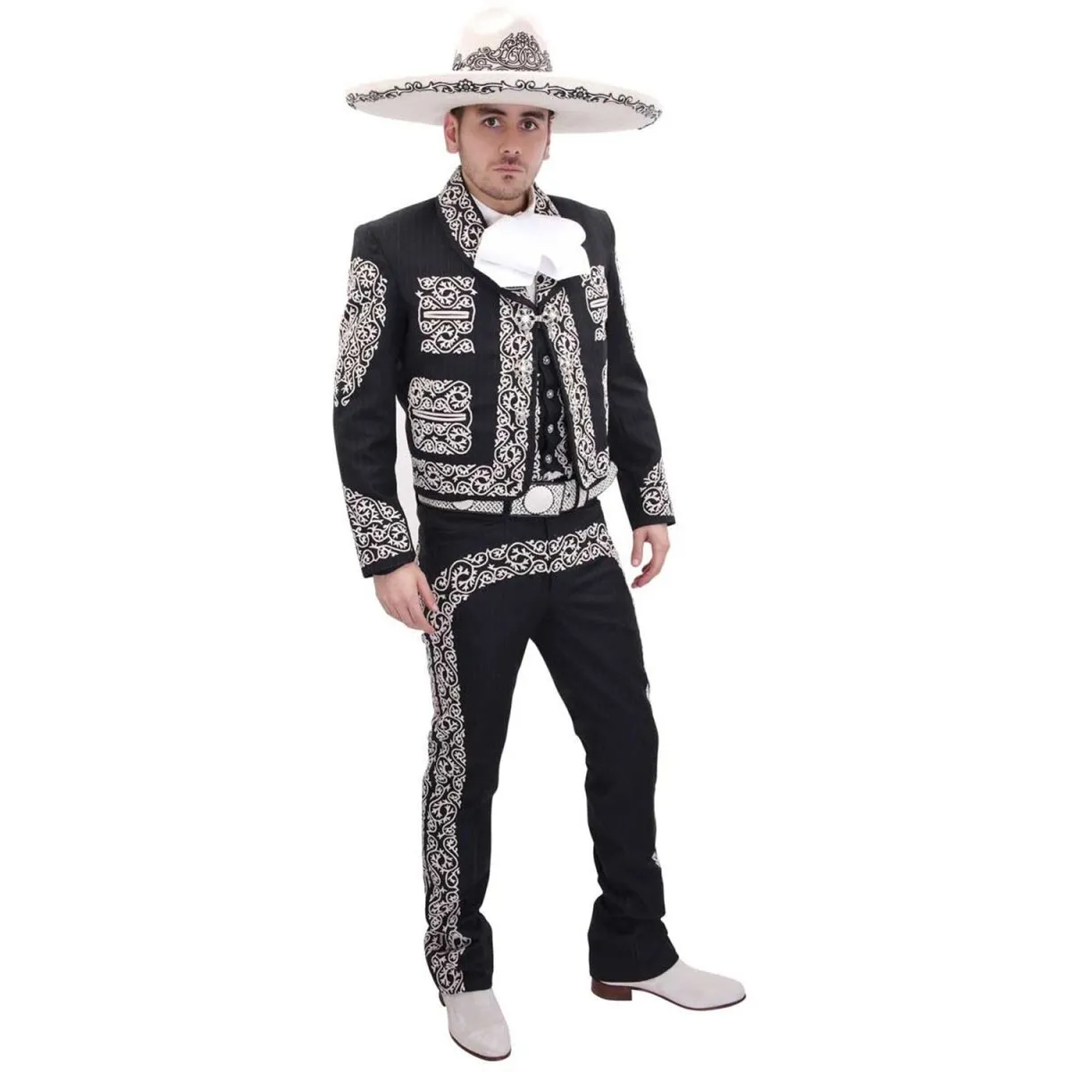 Traje de Charro de Lujo con Fino Bordado para Hombre Negro con Blanco WD-1039