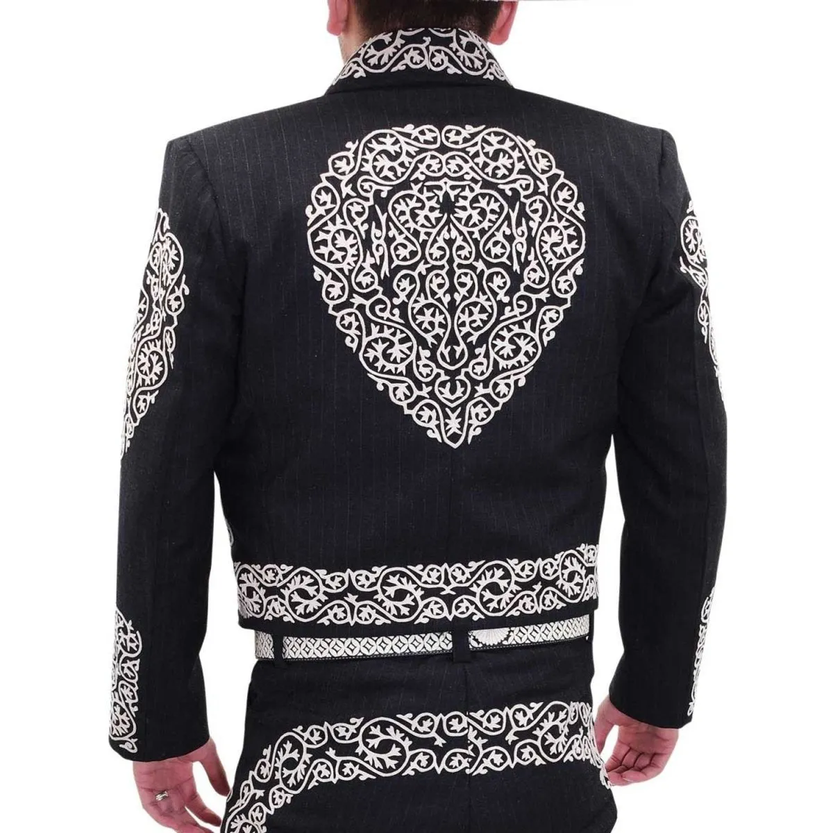 Traje de Charro de Lujo con Fino Bordado para Hombre Negro con Blanco WD-1039