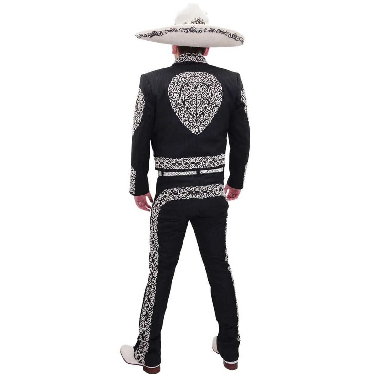 Traje de Charro de Lujo con Fino Bordado para Hombre Negro con Blanco WD-1039
