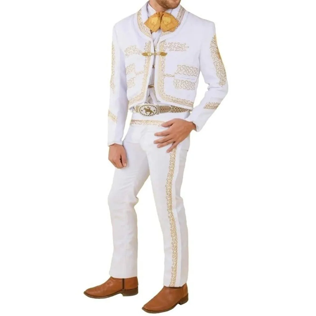 Traje de Charro para Hombre (TODO INCLUIDO)  Color Blanco y Oro imp-72143