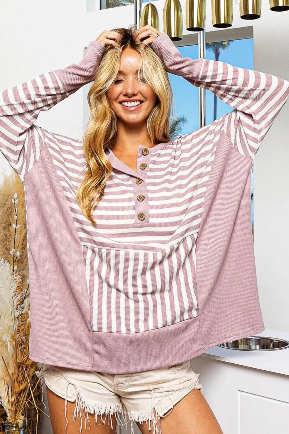 Trendy Tops: Bibi Striped Thumbhole Long Sleeve Top