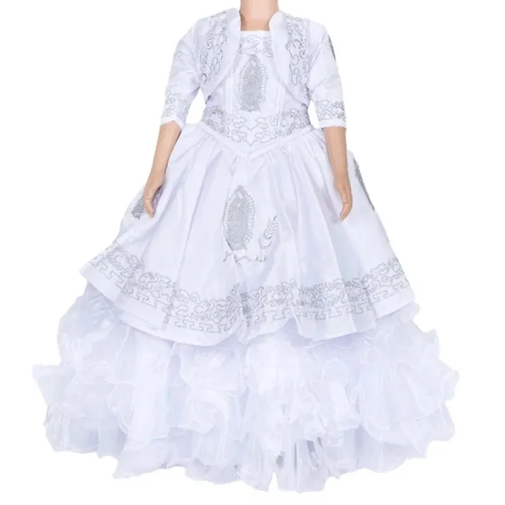 Vestido de Charro Bordado de Virgen para Niña Color Blanco con Plata imp-76246