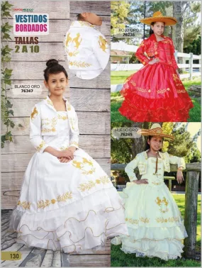 Vestido de Charro Bordado para Niña Color Blanco con Oro imp-76247