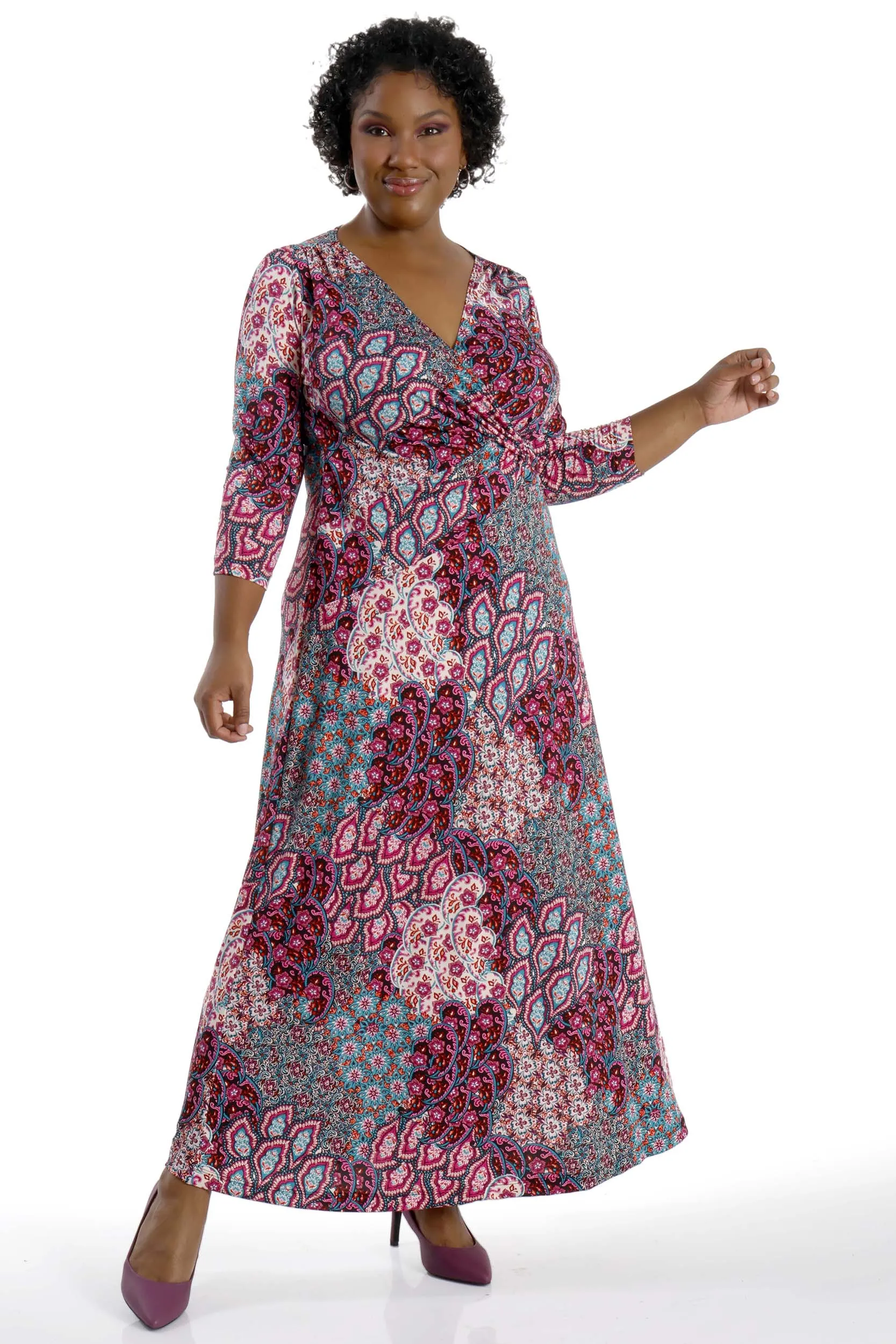 Vikki Vi Jersey Teal Paisley Faux Wrap Maxi Dress