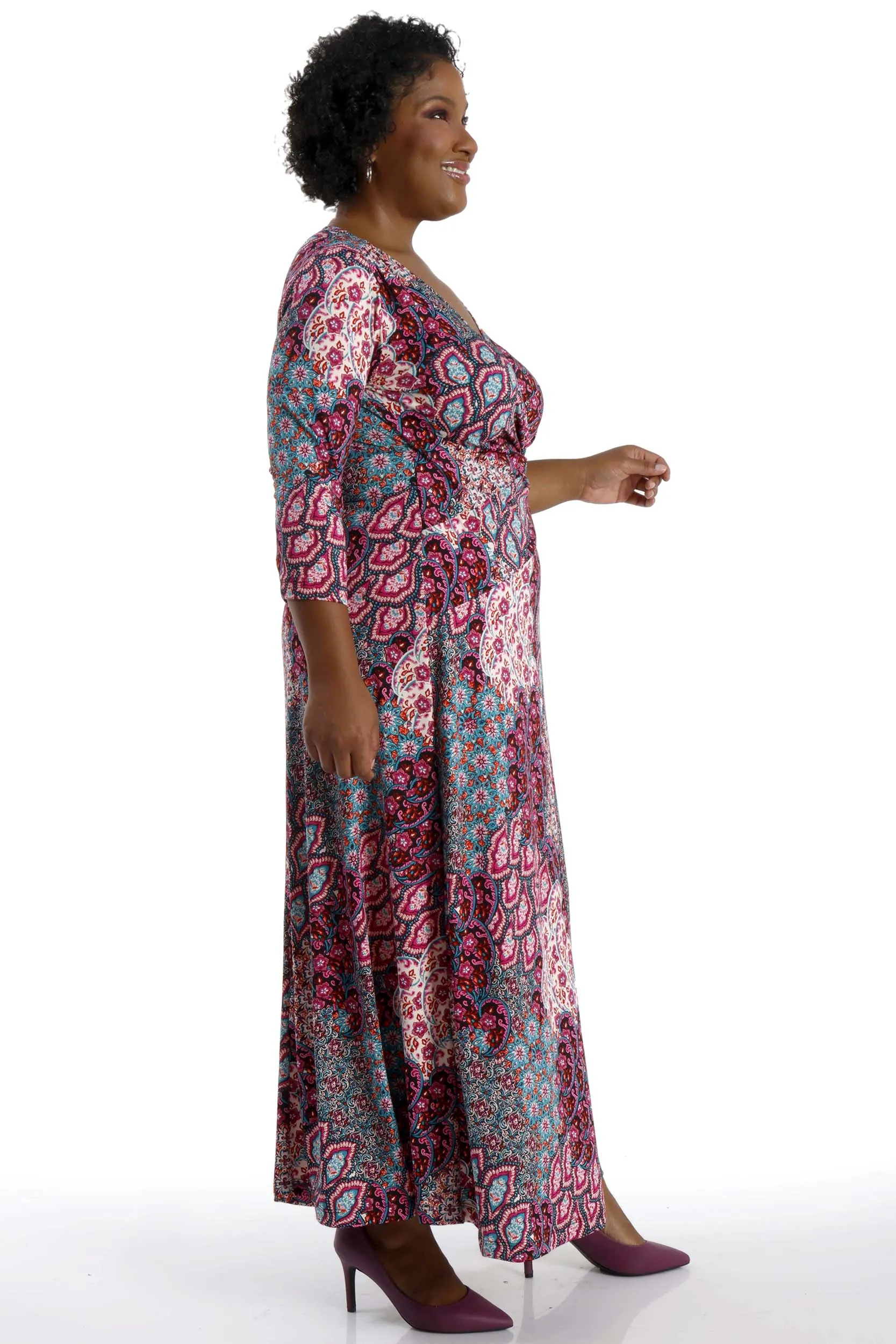 Vikki Vi Jersey Teal Paisley Faux Wrap Maxi Dress