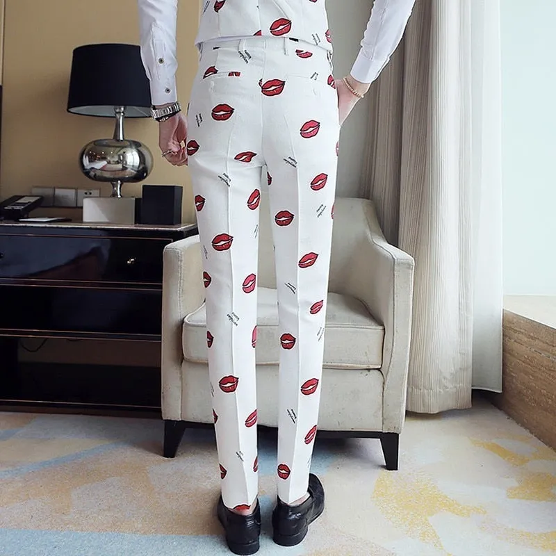White with Red Lip Pattern Slim Fit Style Men Pants