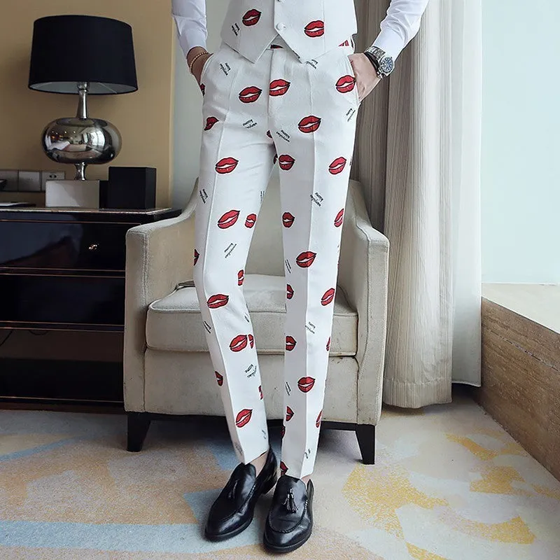 White with Red Lip Pattern Slim Fit Style Men Pants