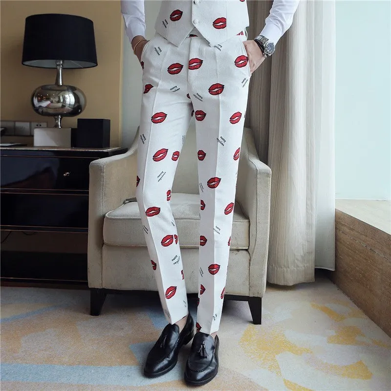 White with Red Lip Pattern Slim Fit Style Men Pants