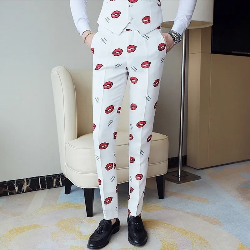 White with Red Lip Pattern Slim Fit Style Men Pants