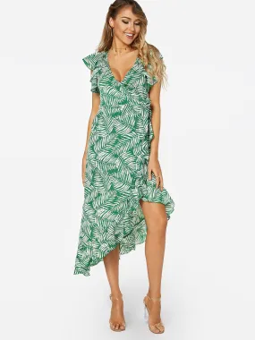 Wholesale Green V-Neck Sleeveless Floral Print Crossed Front Lace-Up Wrap Irregular Hem Dresses