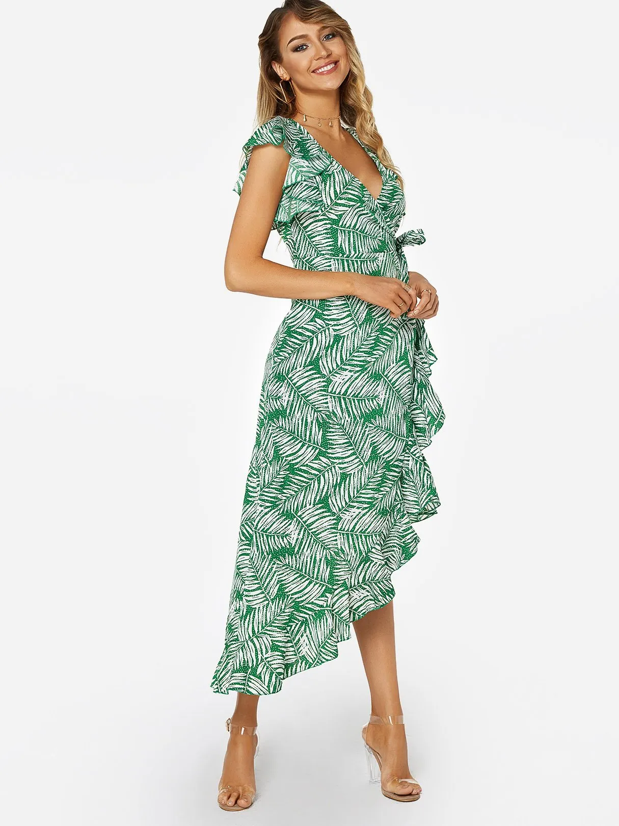 Wholesale Green V-Neck Sleeveless Floral Print Crossed Front Lace-Up Wrap Irregular Hem Dresses