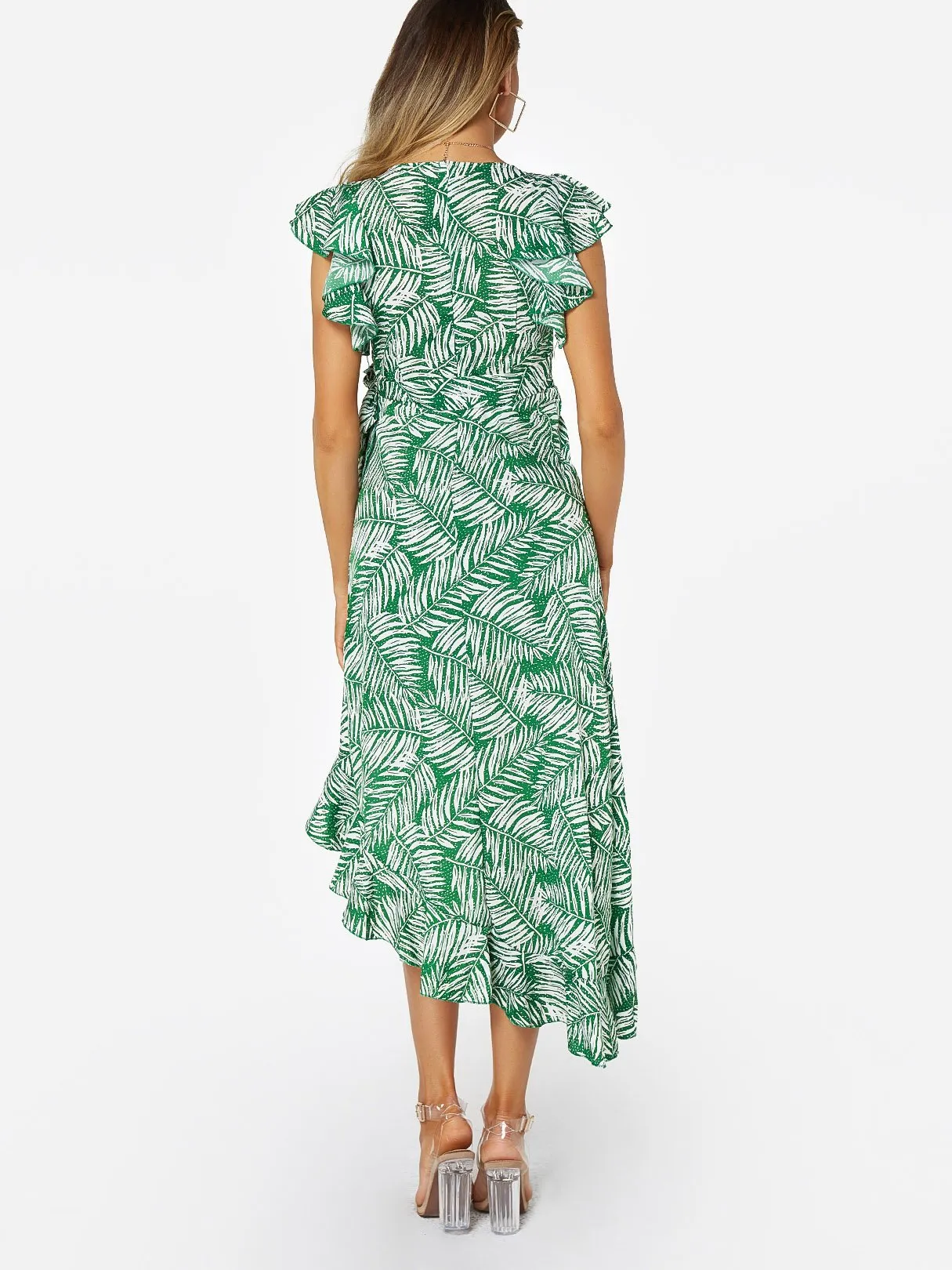 Wholesale Green V-Neck Sleeveless Floral Print Crossed Front Lace-Up Wrap Irregular Hem Dresses