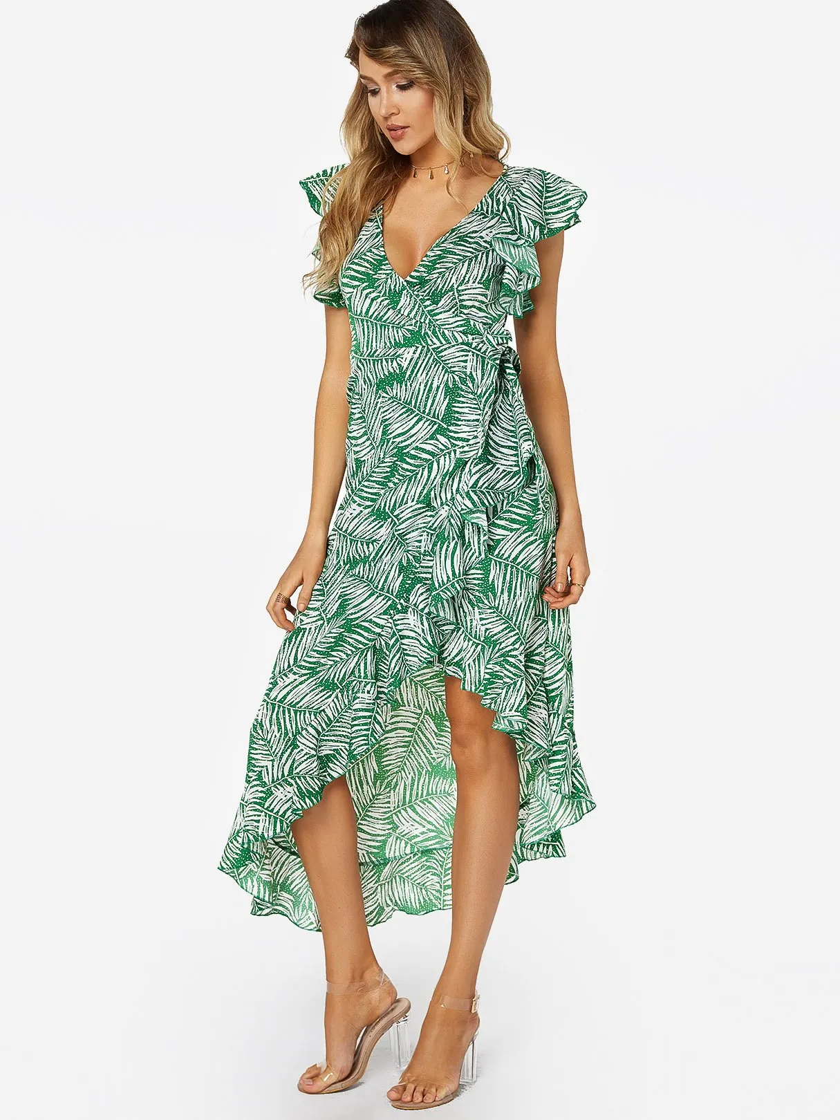Wholesale Green V-Neck Sleeveless Floral Print Crossed Front Lace-Up Wrap Irregular Hem Dresses