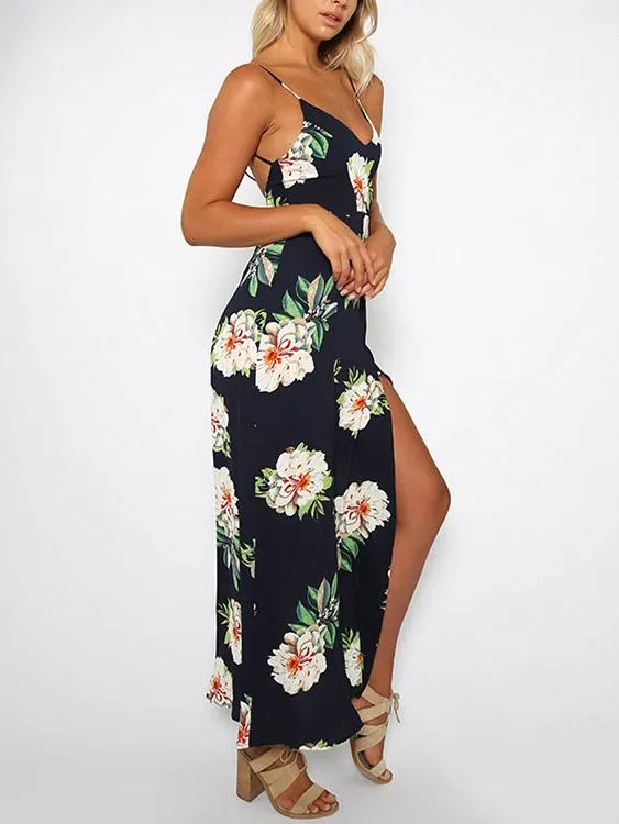 Wholesale Sleeveless Floral Print Backless Slit Hem Dresses