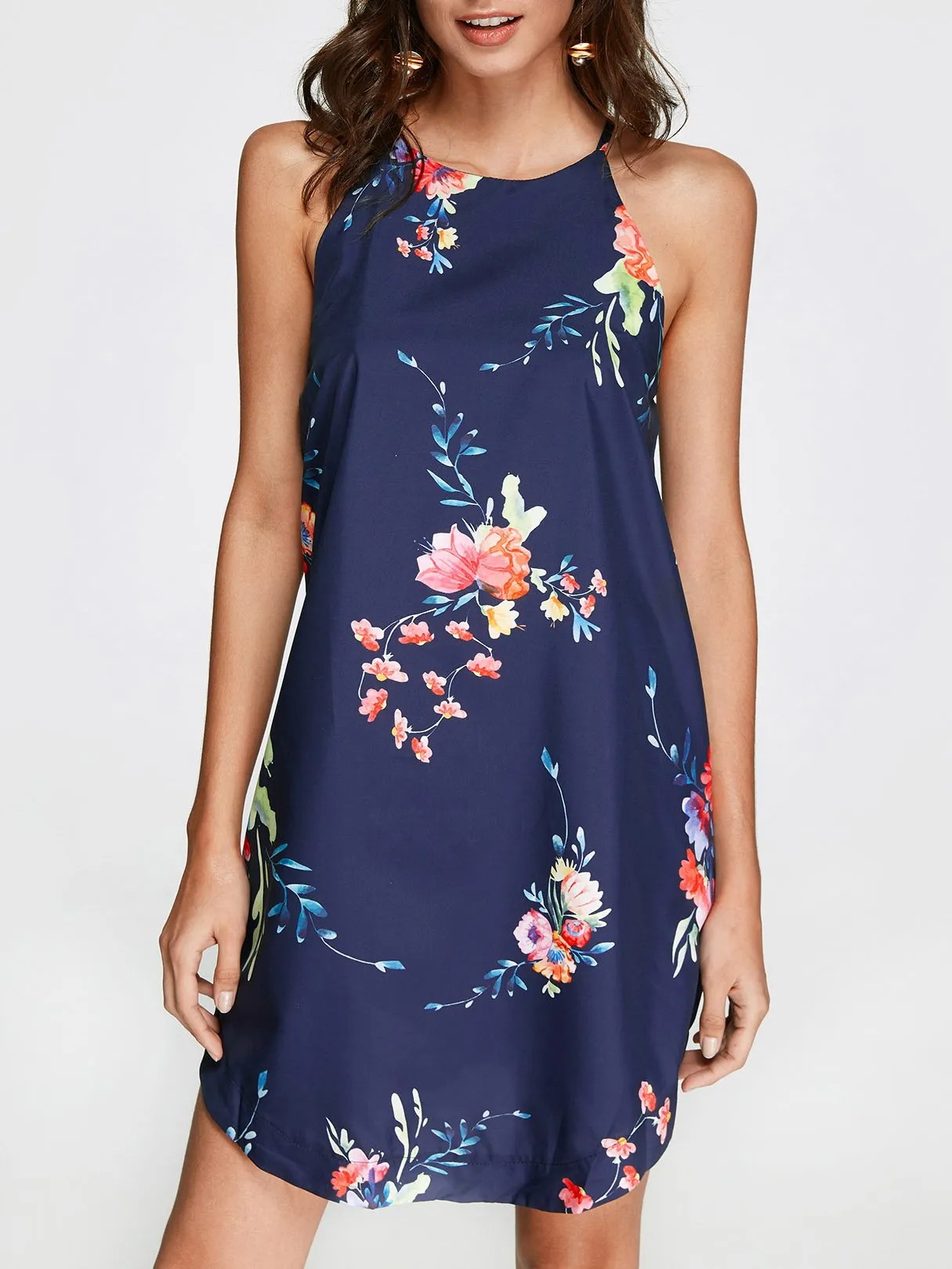 Wholesale Sleeveless Round Neck Floral Print Curved Hem Navy Dresses